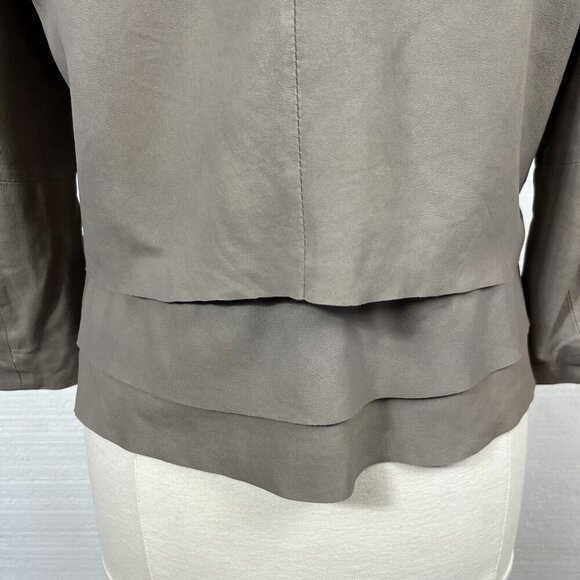 Joie Leather Jacket M Womens Beige Taupe Open Front Layered Hem Collarless - Picture 6 of 11